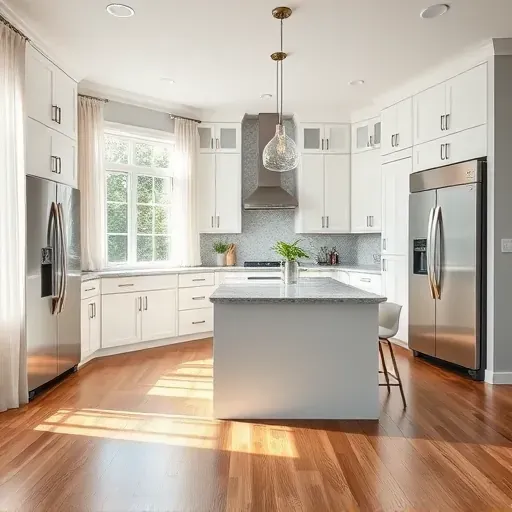 Modern kitchen remodel in Dunkirk MD featuring sleek appliances, custom cabinetry, granite island, and natural light.