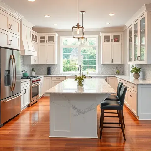 Remodeled Severna Park MD kitchen with granite countertops, stainless appliances, custom cabinetry, marble island, hardwood floors, and stylish lighting