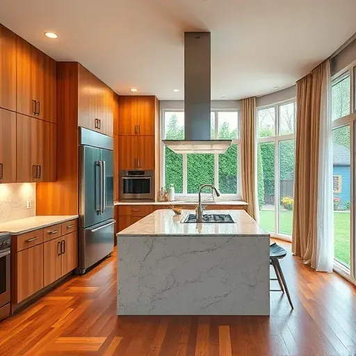 Modern Pasadena kitchen with wooden cabinets granite countertops central island stainless steel appliances hardwood floors natural light backyard view