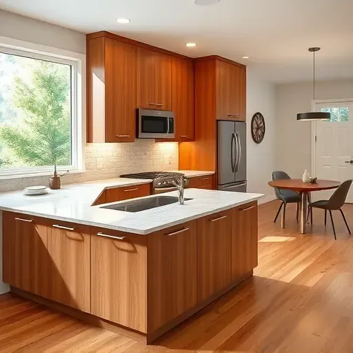 Renovated Dunkirk MD kitchen with warm wood cabinets, granite countertops, subway tile backsplash, and spacious island