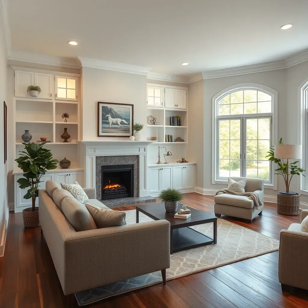 Modern Rockville kitchen featuring white cabinets, stone countertops, stainless steel appliances, island, hardwood floors, and natural light.
