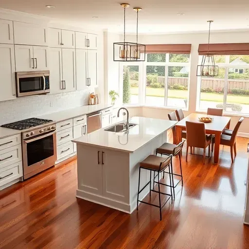 Modern kitchen remodel in Mount Airy MD with white cabinetry, quartz countertops, and spacious island for elegance.