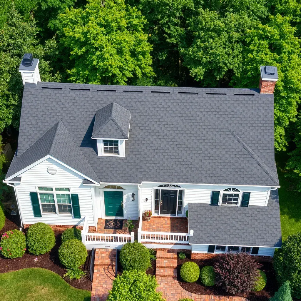 Detailed photo of Pasadena, MD residential roofing with asphalt shingles, neighborhood trees, houses, and natural sunny lighting.