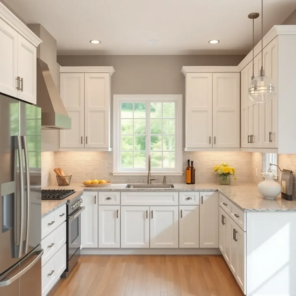 Modern Mount Airy kitchen with quartz countertops, subway tile backsplash, custom cabinetry, stainless appliances, and hardwood floors.