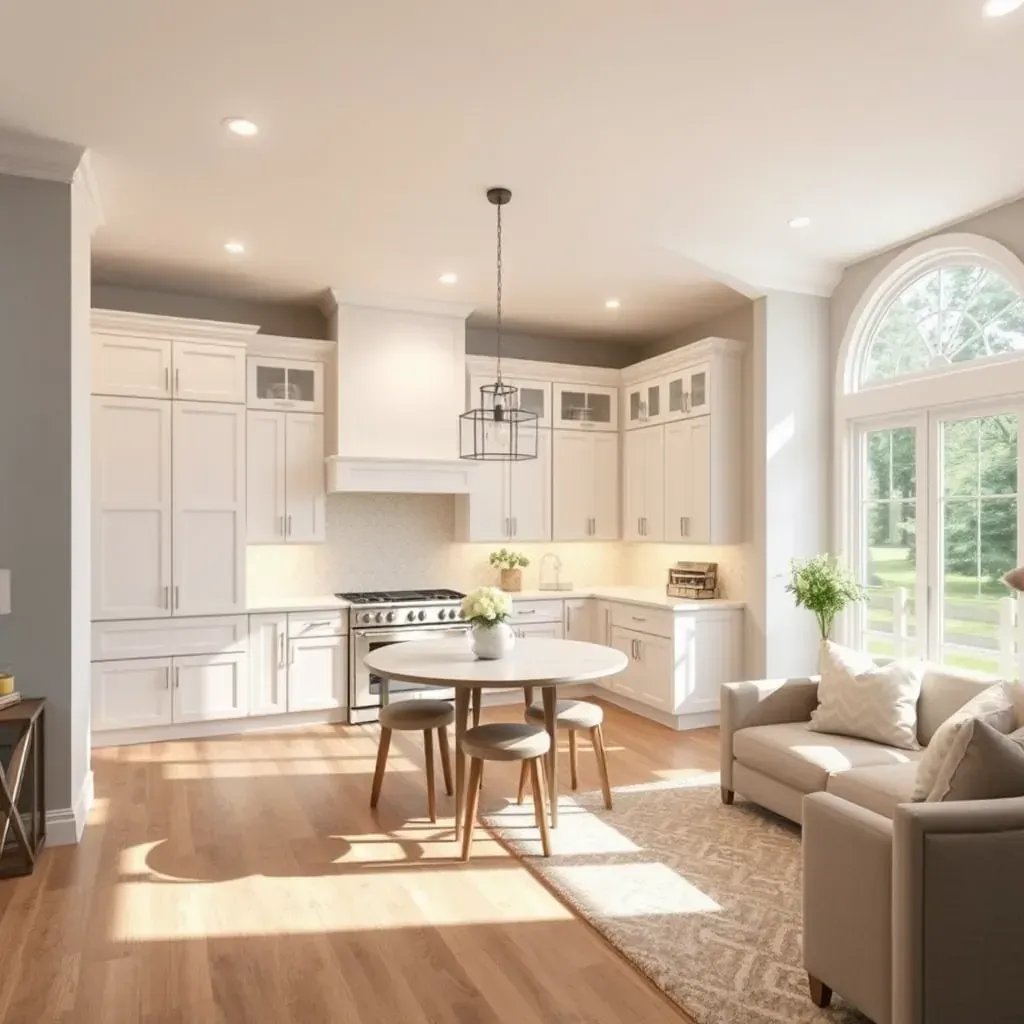 A bright, modern kitchen with sleek cabinets, granite countertops, stainless steel appliances, and a large island.