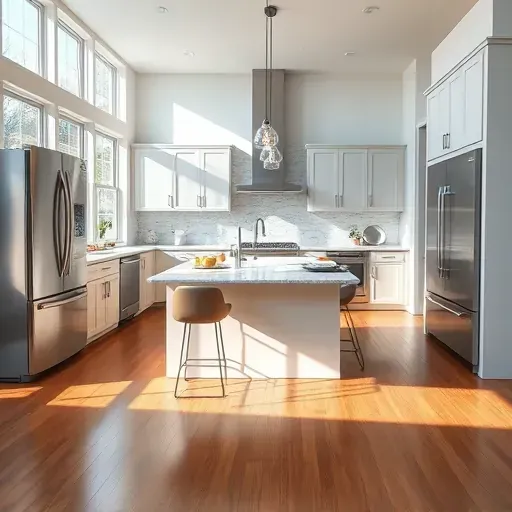 Modern kitchen remodel in New Market MD with stainless steel appliances, quartz countertops, and stylish decor.