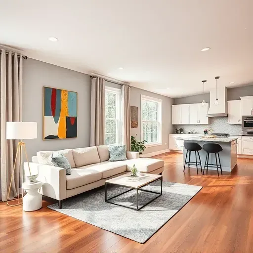 Remodeled living room in Rockville, MD features sleek hardwood floors, elegant furniture, and natural light.