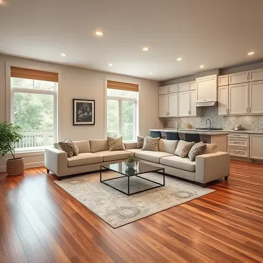 Modern living room in Ijamsville, MD, featuring hardwood floors, stylish furniture, and natural light from large windows.