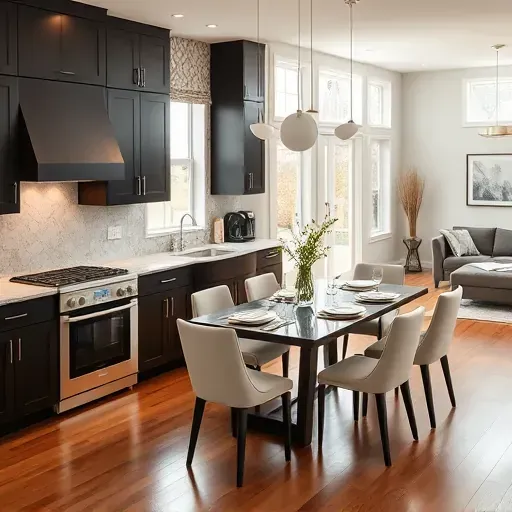 Modern kitchen remodel in Brandywine MD with dark cabinetry, marble tops, natural light, and elegant dining area.