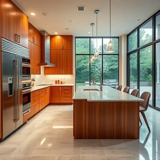 Finished modern kitchen in Severna Park with wooden cabinets granite island stainless steel appliances lush backyard natural light