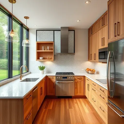 Remodeled Bethesda kitchen with granite counters stainless steel appliances custom wood cabinets pendant lighting large windows hardwood floors modern backsplash