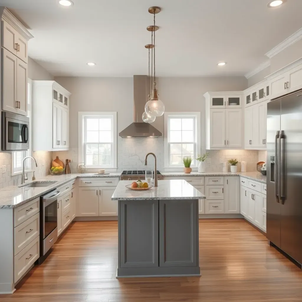 Remodeled Severna Park kitchen with white cabinets, quartz and marble countertops, stainless appliances, and ample natural light.