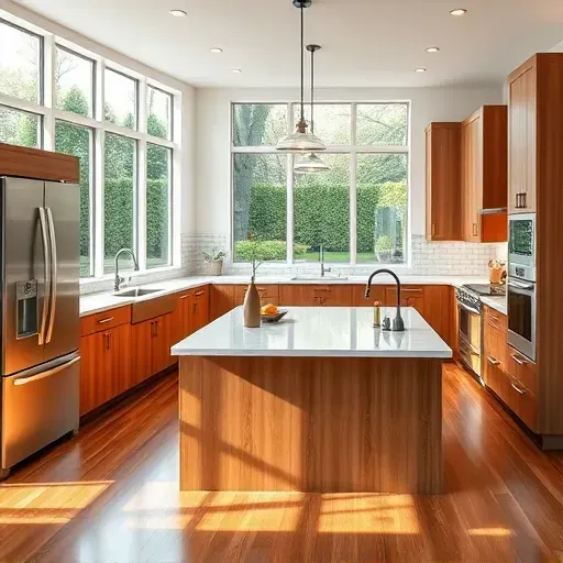 Newly renovated Pasadena MD kitchen with modern cabinetry, stainless steel appliances, and marble island, lit by natural light.