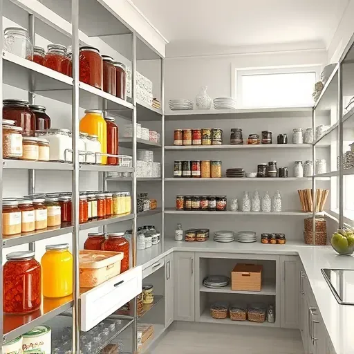 Modern Pasadena pantry with sleek shelving, glass jars, canned goods, labeled containers, natural lighting, and clean design