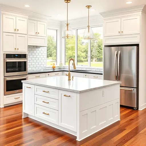 Renovated Gibson Island kitchen with white cabinetry gold hardware quartz island gray backsplash stainless appliances hardwood flooring