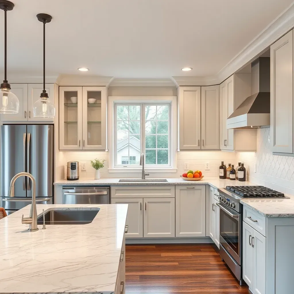 Modern Brandywine, MD kitchen with sleek cabinets, quartz countertops, stainless steel appliances, and natural light.