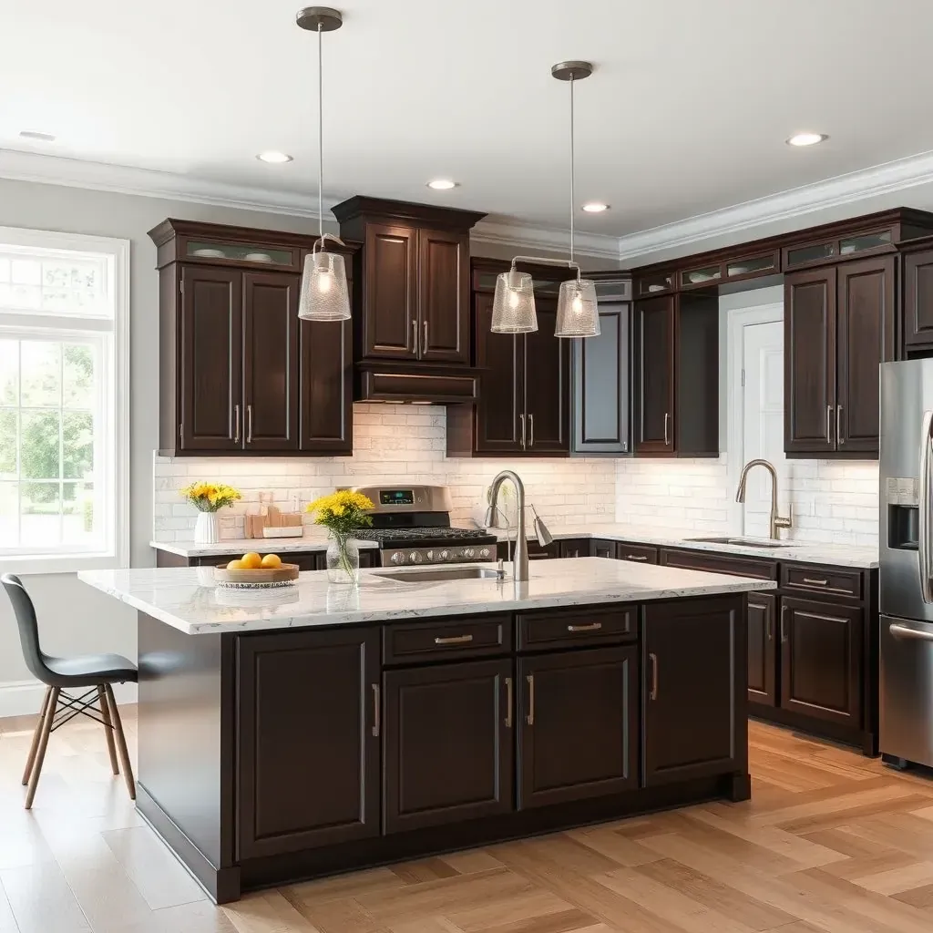 Modern Millersville, MD kitchen remodel with white cabinets, quartz counters, stainless appliances, hardwood floors, and natural light.