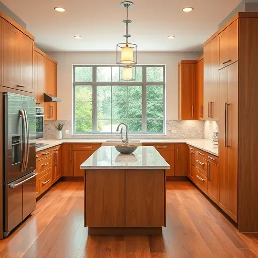 Remodeled Dunkirk Maryland kitchen featuring modern wood cabinetry stainless steel appliances granite countertops natural stone backsplash a large island pendant lighting hardwood floors and lush outdoor view