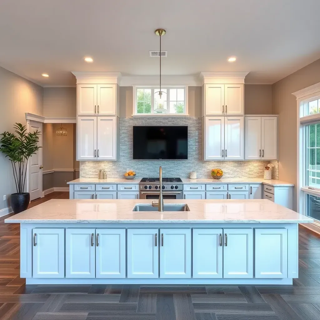 Modern home exterior in Phoenix, MD featuring white siding, stone accents, black-framed windows, stylish front door, landscaped yard, and outdoor patio.