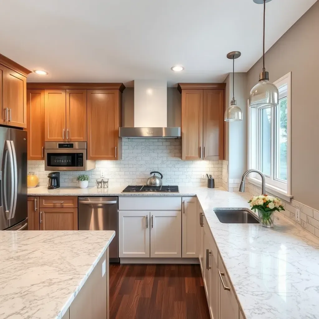 Modern Bowie kitchen with navy cabinets, quartz countertops, stainless steel appliances, subway tile backsplash, hardwood floors.