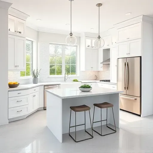 Modern White Marsh kitchen remodel with white cabinetry, quartz countertops, stylish island, and elegant pendant lights.
