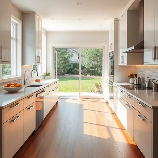 Renovated Clarksville MD modern kitchen with sleek cabinetry quartz countertops stainless steel appliances spacious open layout large windows wood flooring and stylish decor