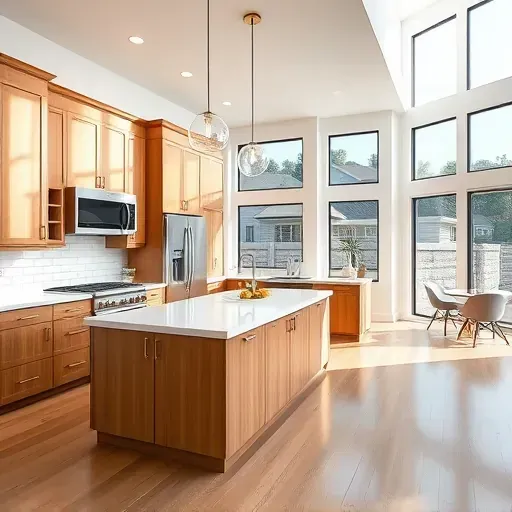 Modern Glenel Maryland kitchen with warm wood cabinets quartz island stainless steel appliances and subway tile backsplash