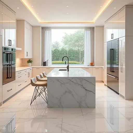 Luxury Pasadena kitchen with sleek cabinetry marble countertops stainless steel appliances island plush barstools landscaped backyard