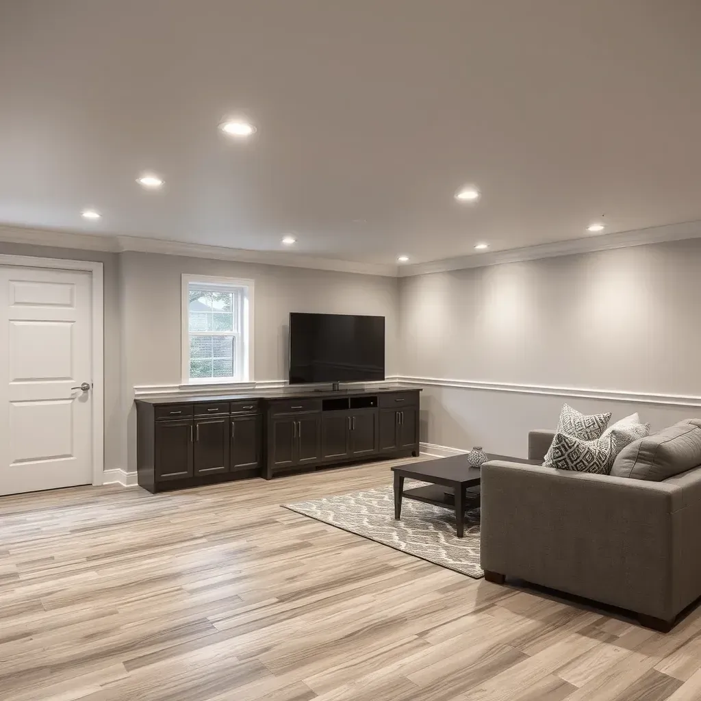 Spacious Pasadena basement remodel with warm walls, modern furniture, hardwood floor, entertainment area, and wet bar.