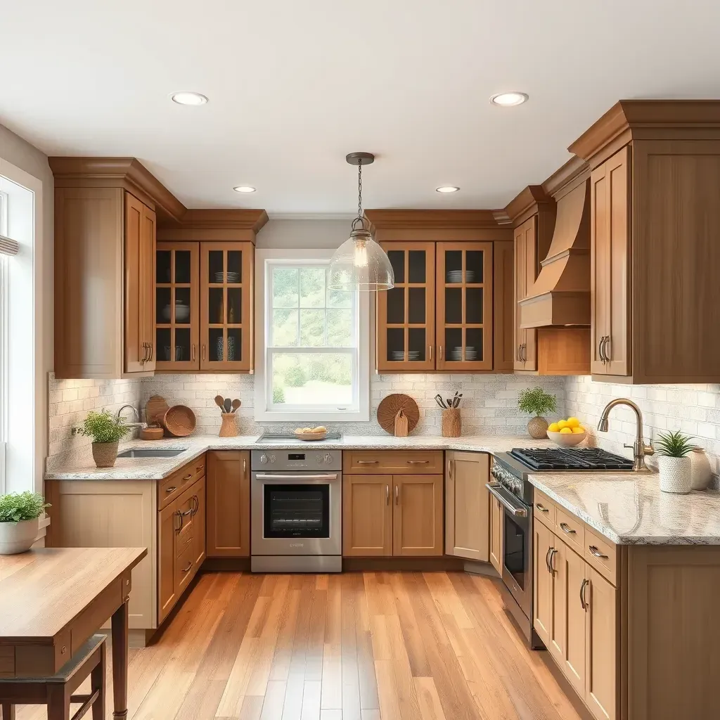 Modern Highland, MD kitchen featuring quartz countertops, white cabinets, stainless appliances, large island, and hardwood floors.