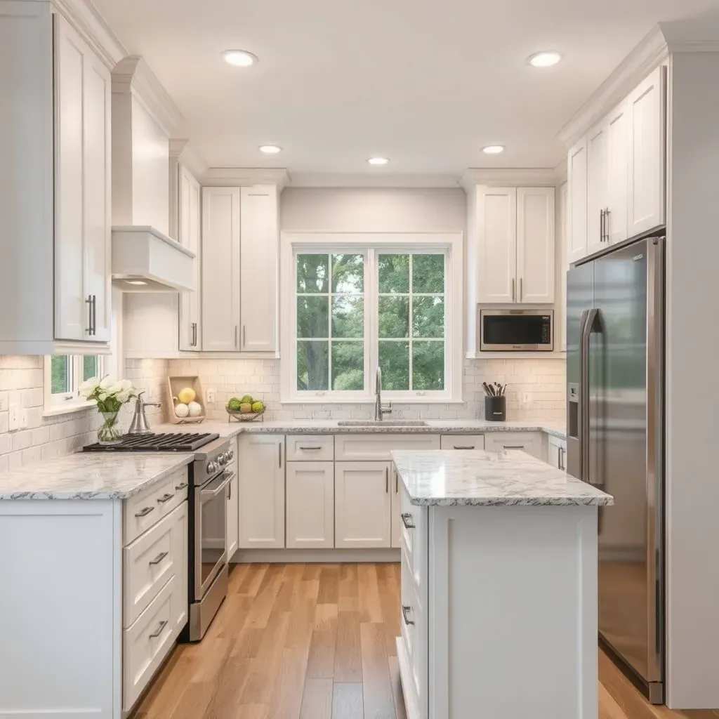 Modern remodeled kitchen in Woodbine, MD with white and stained wood cabinets, quartz countertops, stainless steel appliances, and natural light.