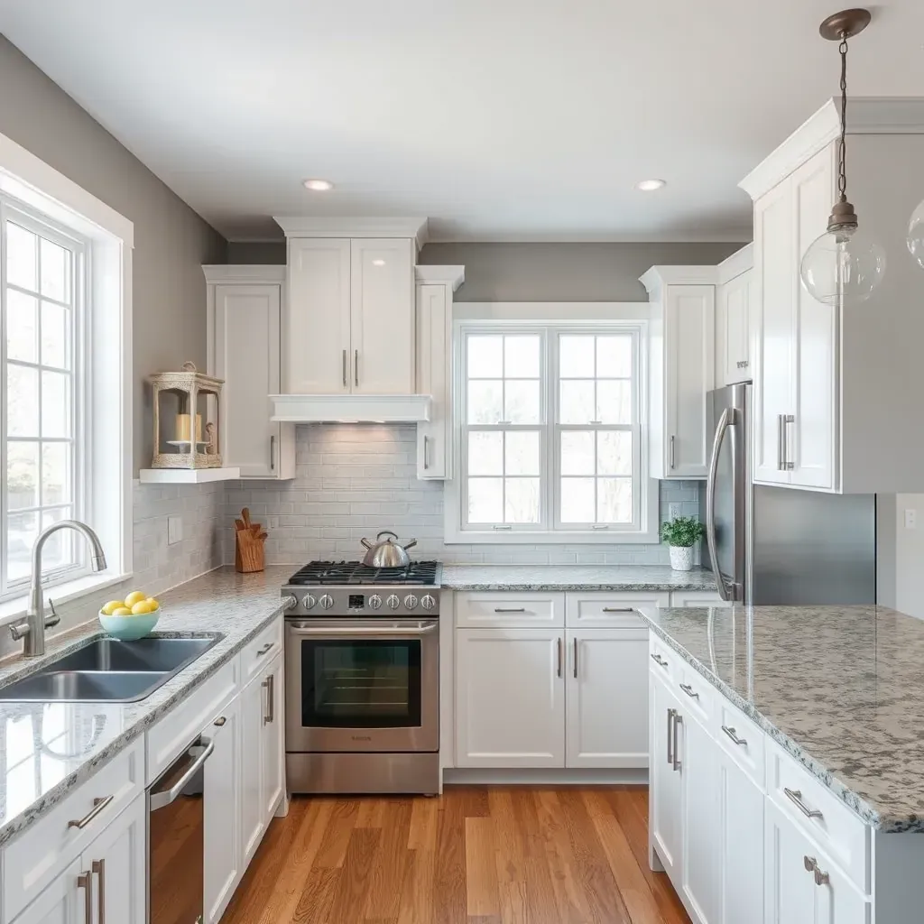 Modern Accokeek kitchen with neutral cabinetry, quartz countertops, stainless steel appliances, large island, and hardwood floors.