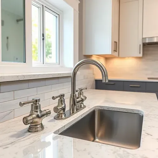 Modern kitchen in Pasadena with polished stainless steel pipes, sleek fixtures, granite countertop, stylish cabinetry, and bright natural light