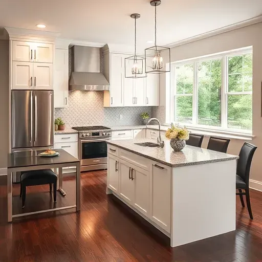 Renovated kitchen in Accokeek MD features modern white cabinetry, granite countertops, and stainless steel appliances.