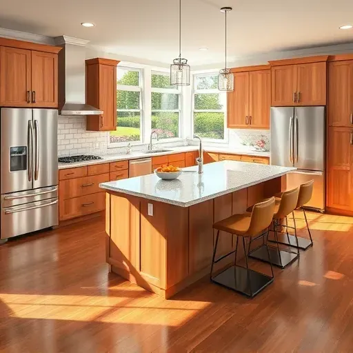 Completed modern kitchen in Middletown MD with granite countertops, custom wood cabinets, stainless steel appliances, large island, and natural light