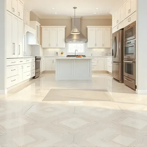 Pasadena MD modern kitchen with glossy patterned ceramic tile flooring, white matte cabinets, stainless steel appliances, and marble island