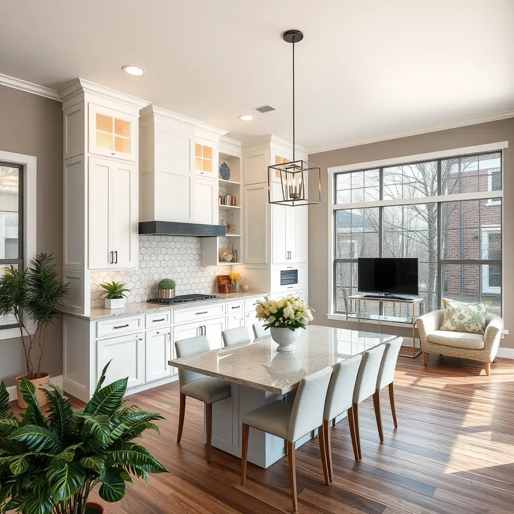 Renovated Highland, MD home interior showing a bright living room, modern kitchen with quartz counters, and stylish bathroom.
