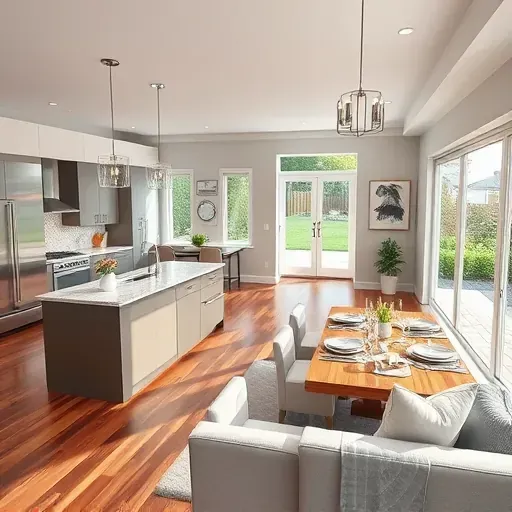 Modern open-concept living space in Bowie MD features contemporary furniture, granite island, and inviting decor.