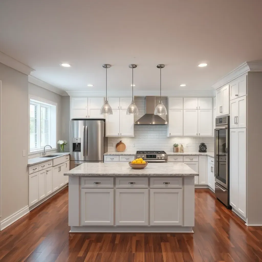 Modern kitchen in Derwood, MD with wood cabinets, quartz countertops, stainless appliances, subway tile backsplash, hardwood floors.