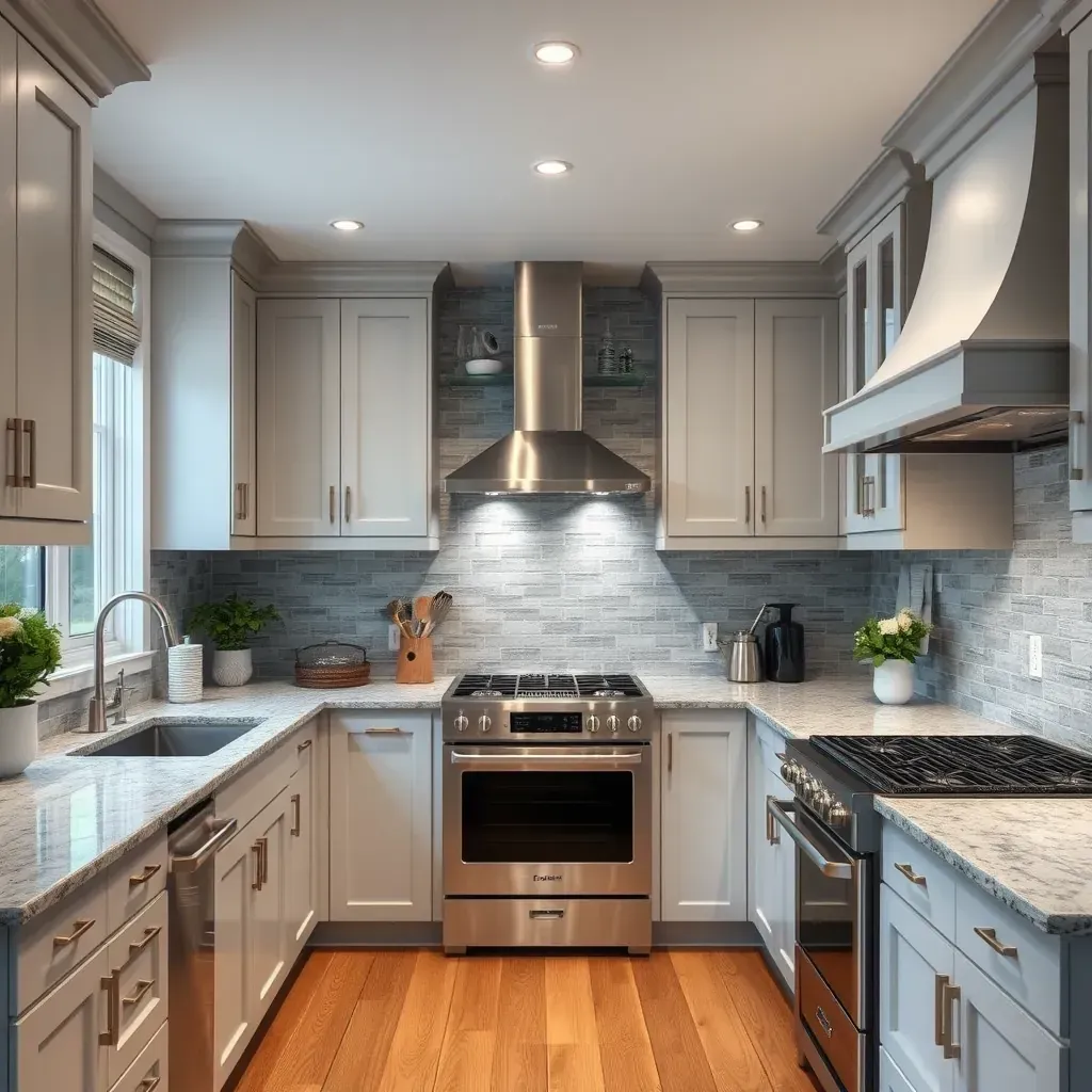 Modern kitchen in Ellicott City, MD featuring white quartz countertops, gray cabinetry, stainless steel appliances, and a large island.