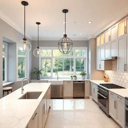 Modern kitchen with LED recessed lights, marble countertops, stainless steel appliances, pendant lights, natural window light