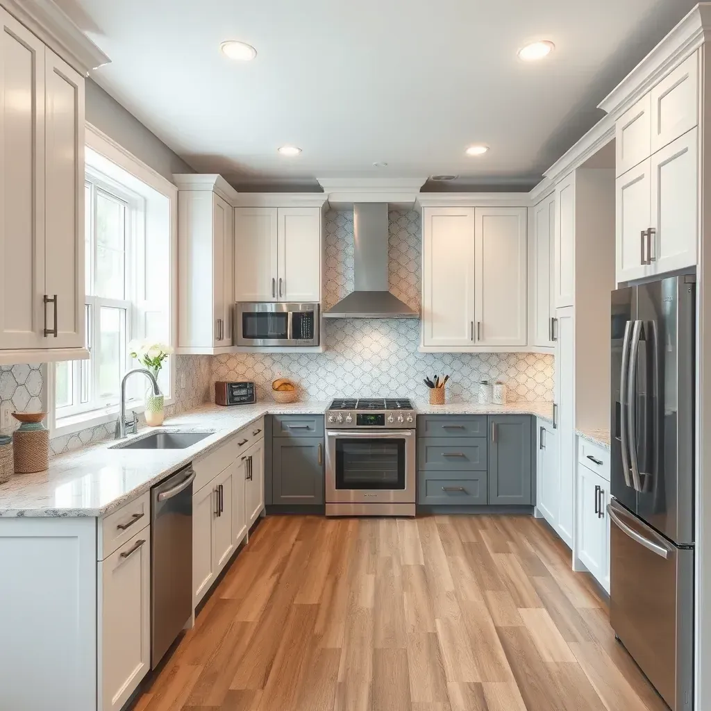 Modern Hanover, MD kitchen with white and wood cabinets, quartz island, stainless steel appliances, and bright natural light.