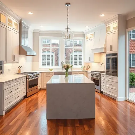Modern kitchen remodel in Annapolis features quartz countertops, custom cabinetry, stainless steel appliances, and natural light.