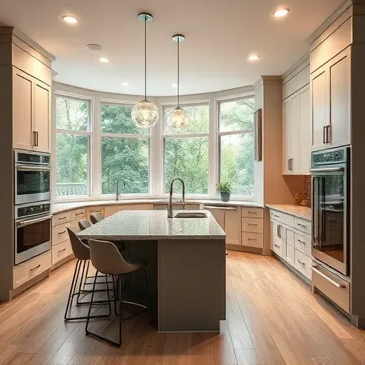 Modern kitchen remodel in Dunkirk MD with sleek cabinetry, granite island, stainless appliances, and natural light.
