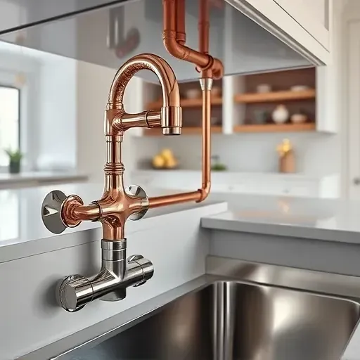 Perfectly installed modern kitchen plumbing with polished copper pipes, stainless steel fixtures, and stylish marble countertop in Pasadena Maryland