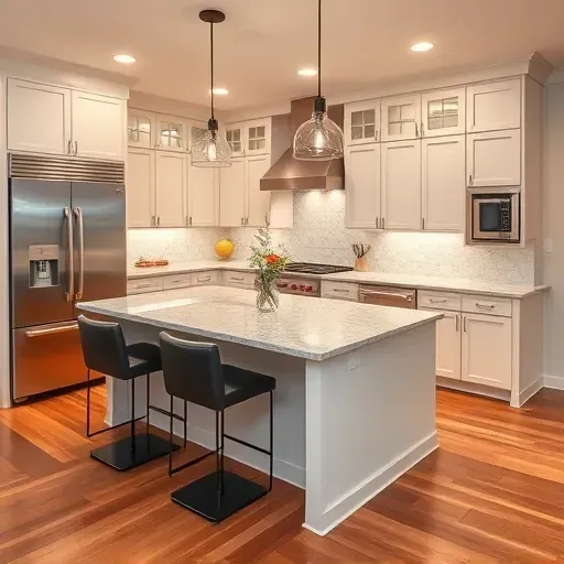 Modern kitchen remodel in Clarksville MD with granite island, stainless steel appliances, and elegant decor.