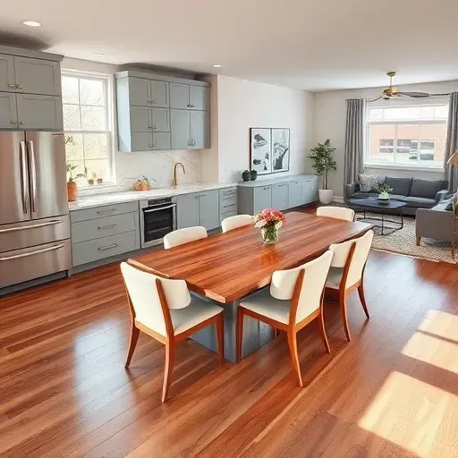 Modern remodeled living space in Derwood MD features a sleek open-concept kitchen and dining area with elegant decor.