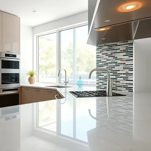 Modern Pasadena kitchen with glossy tile backsplash, stainless steel appliances, neutral cabinetry, natural light, and sleek design