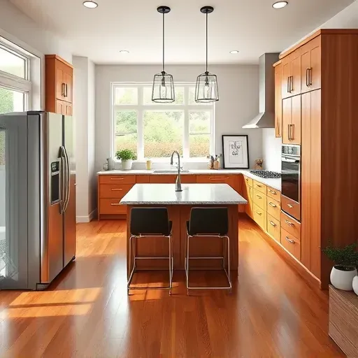 Remodeled kitchen in Pasadena MD with modern wood cabinetry, granite counters, and stainless appliances, bright and inviting.