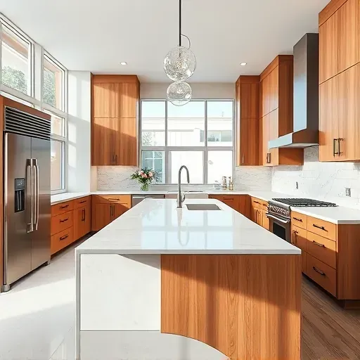 Remodeled Phoenix kitchen with modern appliances, quartz countertops, custom wood cabinets, marble island, and stylish backsplash